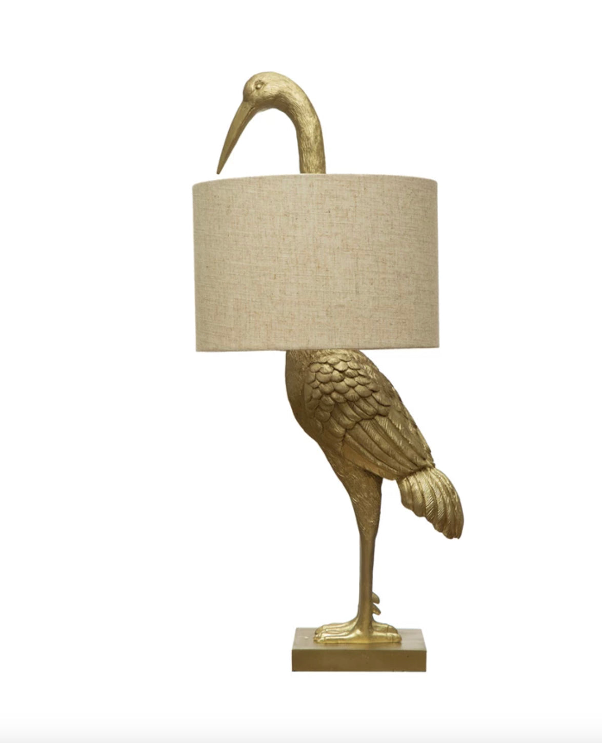 Resin Bird Table Lamp with White Linen Shade and Inline Switch, Gold Finish