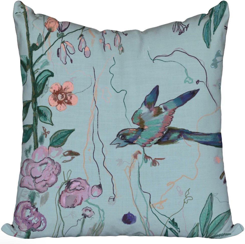 Birds of a Feather Blush Linen w/ Steel Blue Velvet Backing Pillow 22x22