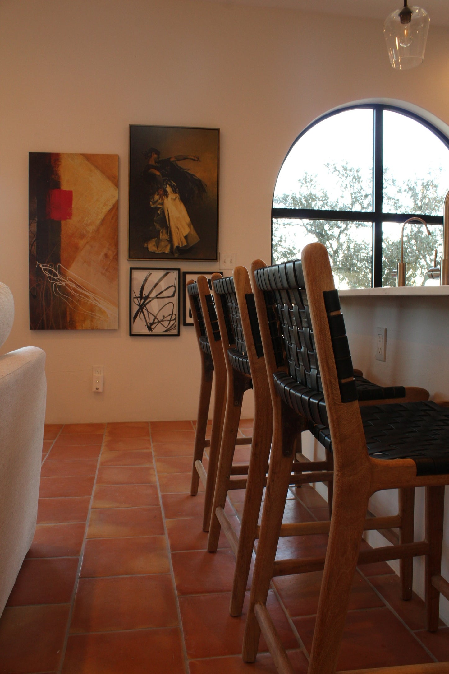 Woven Black Leather Counter Stool