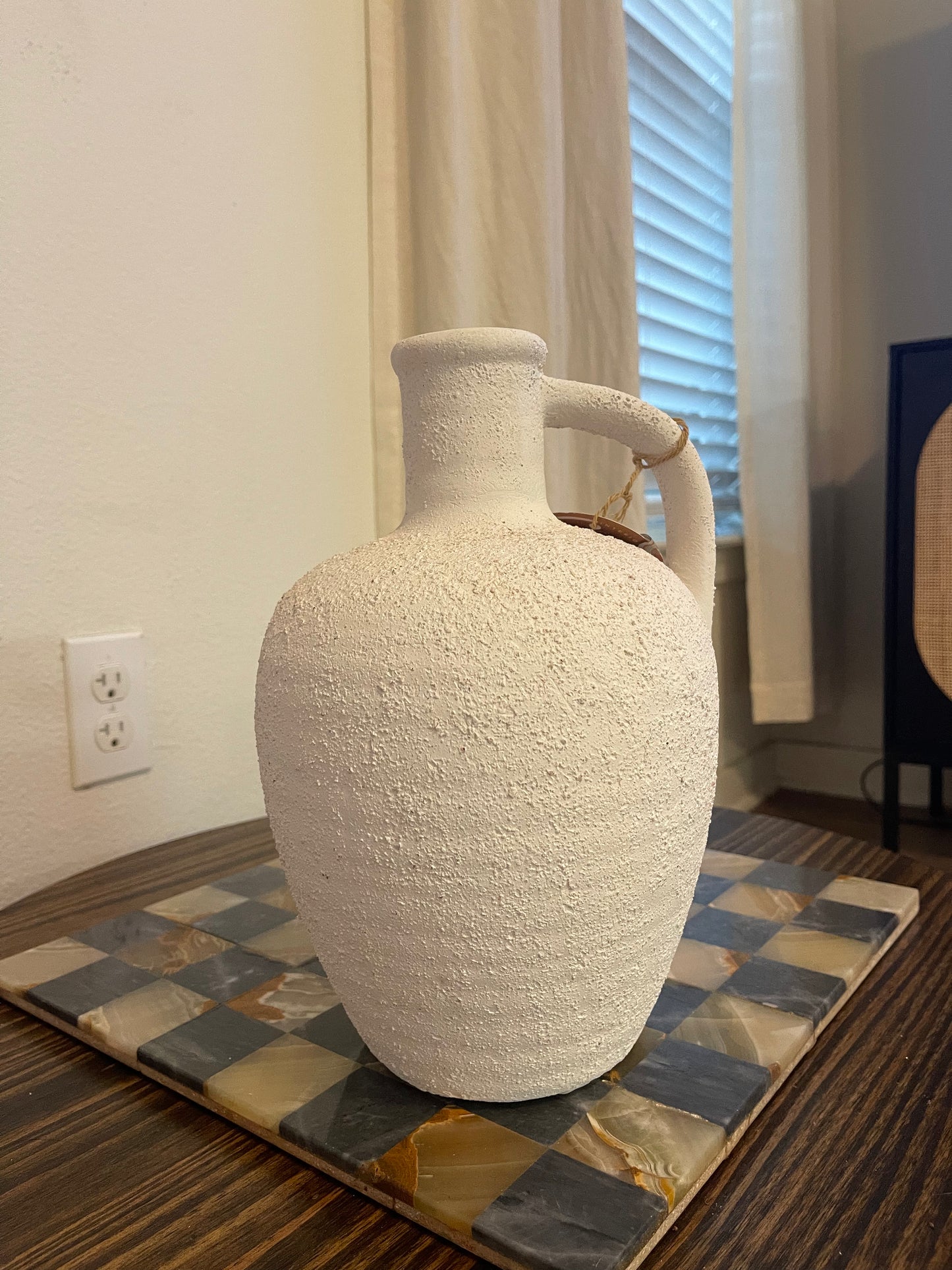 White Textured Stone Vase with Handle