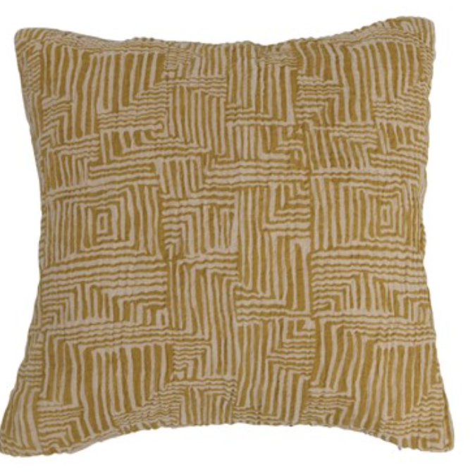 Mustard 16" Square Cotton Pillow w/ Kuba Cloth Pattern -DF5575