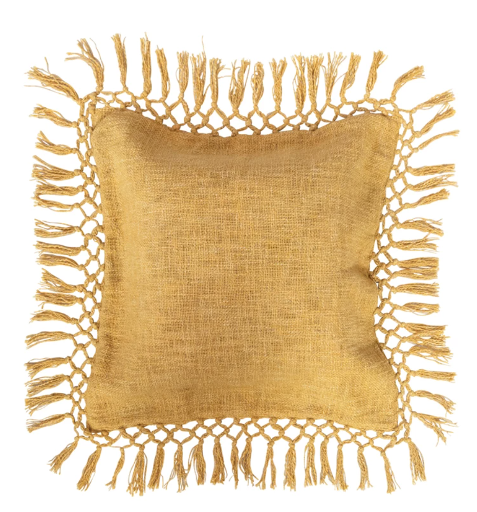 Yellow 20" Cotton Slub Pillow w/ Fringe -DF5779
