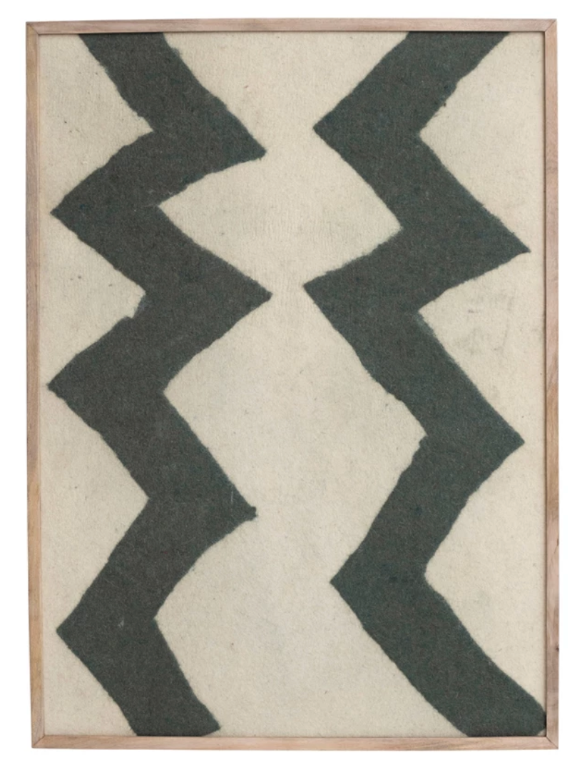 Mango Wood Framed Abstract Wool Textile, Black, White & Natural