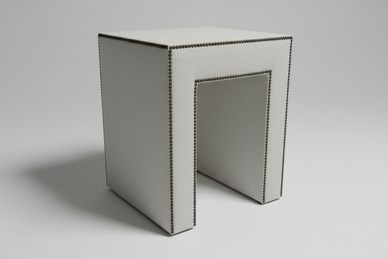 Upholstered Side Table w/ Glass Top Bopper Brass