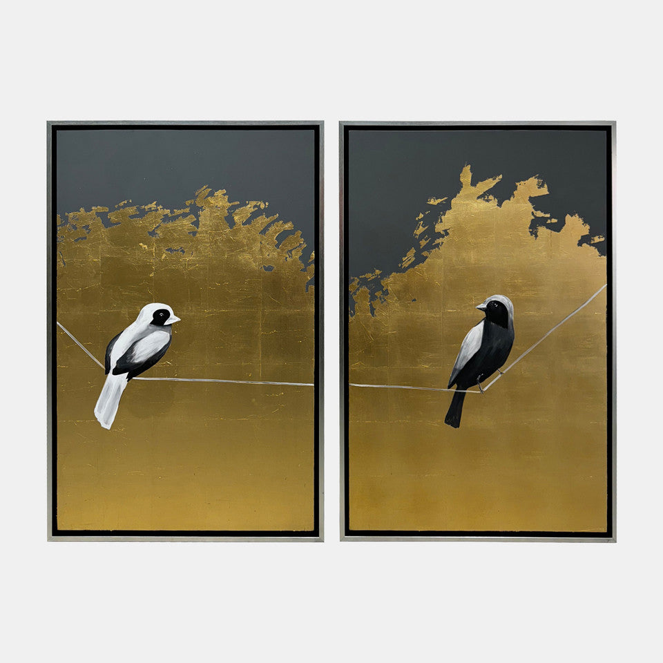 Set of 2 63x47 Hand Painted Birds On Wire, Gold