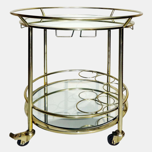 Two Tier Gold Round Rolling Bar Cart 27"