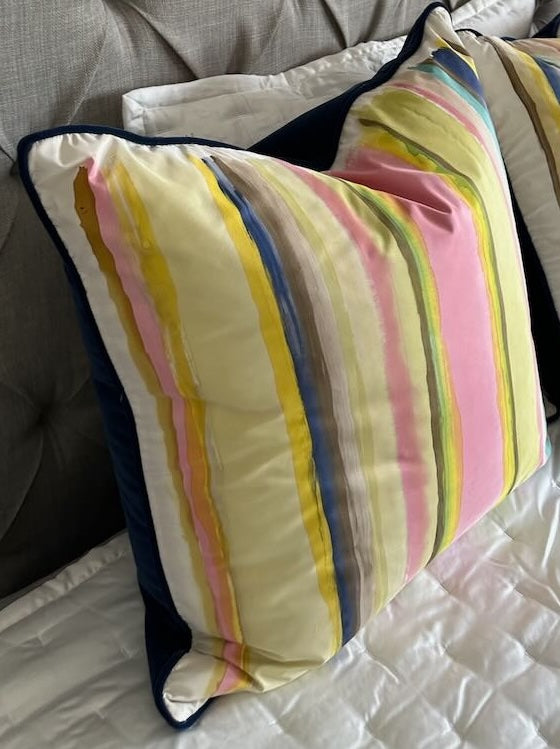 Watercolor Stripe Silk w/ Navy Velvet Backing Pillow 22x22