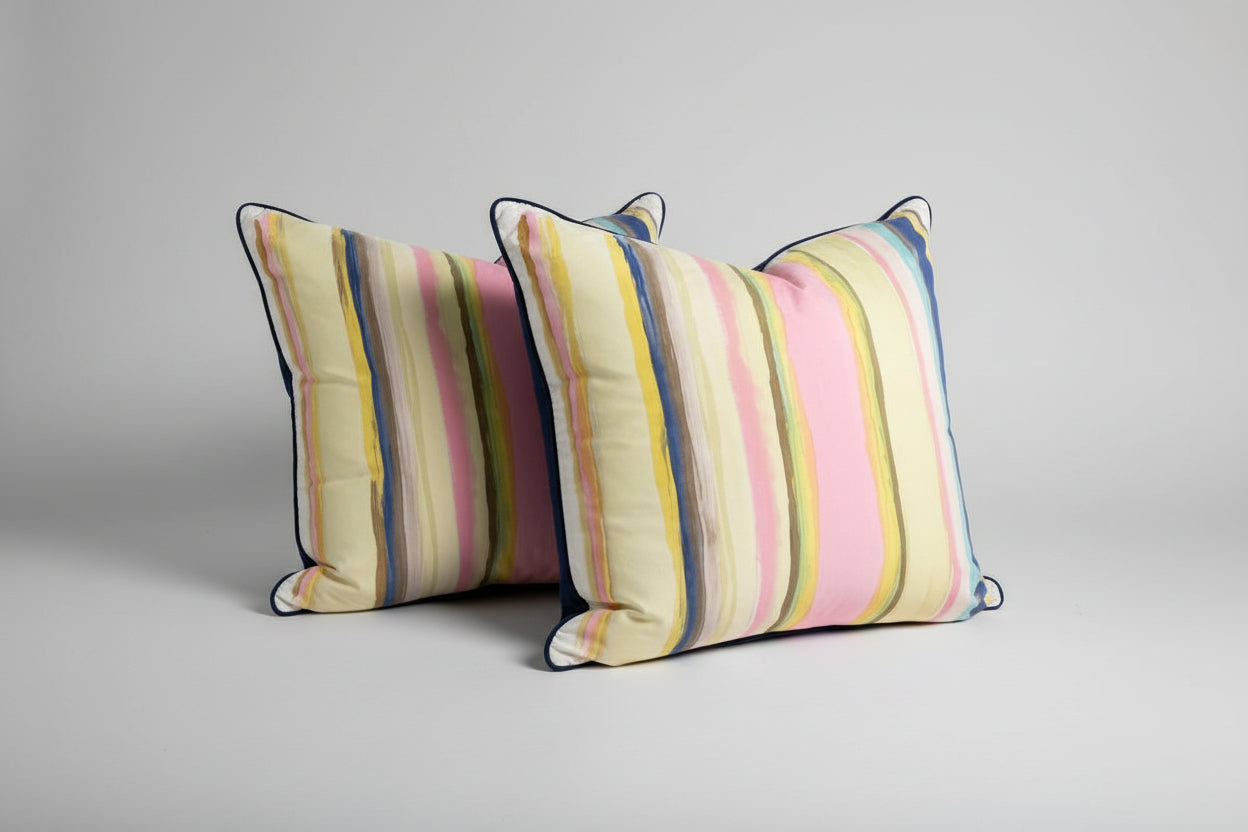 Watercolor Stripe Silk w/ Navy Velvet Backing Pillow 22x22