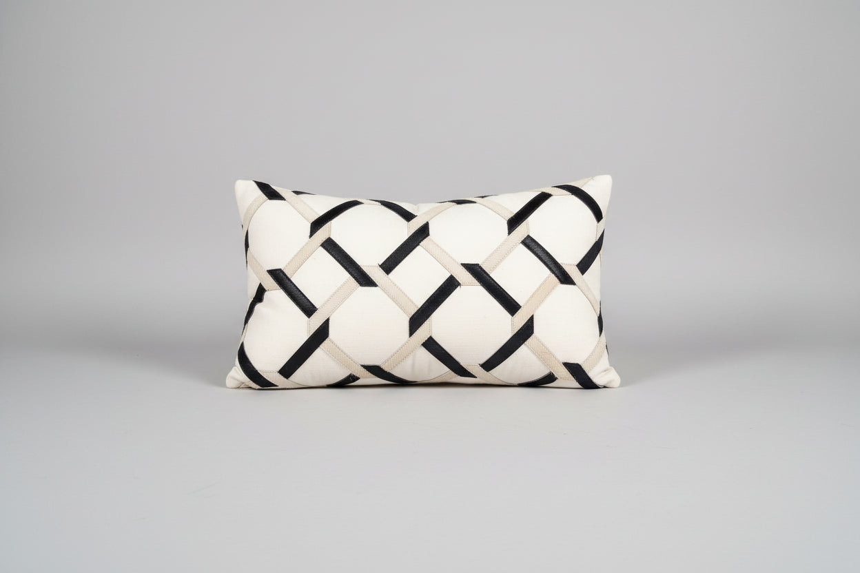 White Lumbar Pillow with Black and Beige Hide Detail