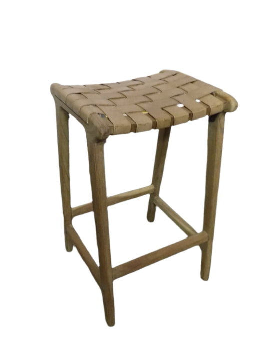 Backless Leather Woven Counter Stools in Winter Brown