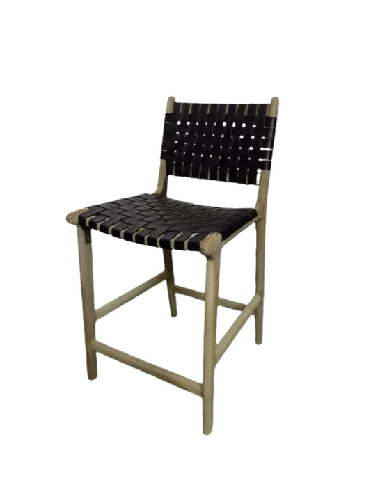 Woven Black Leather Counter Stool