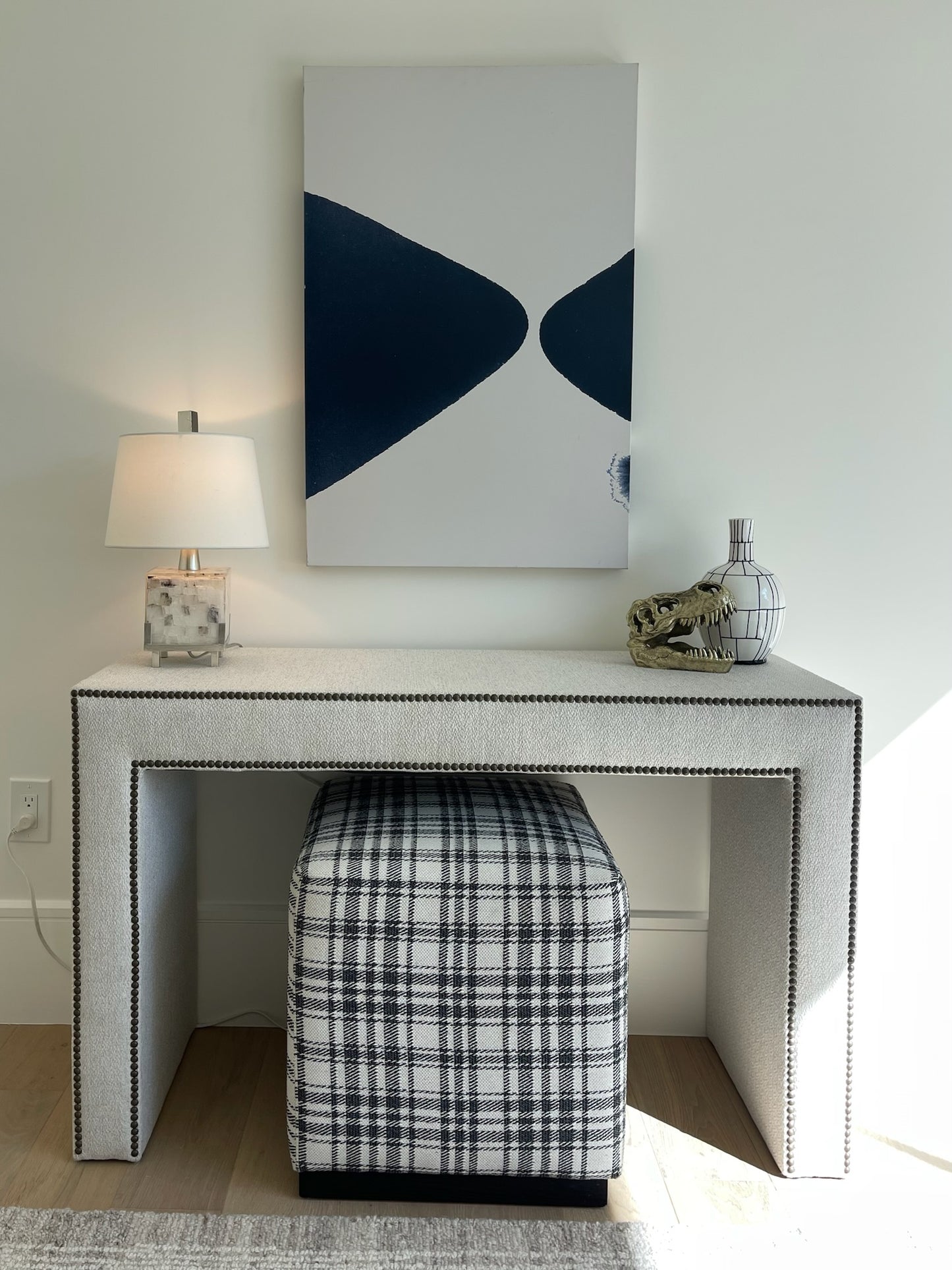 Upholstered Accent Table  w/ Glass Top Bopper Natural