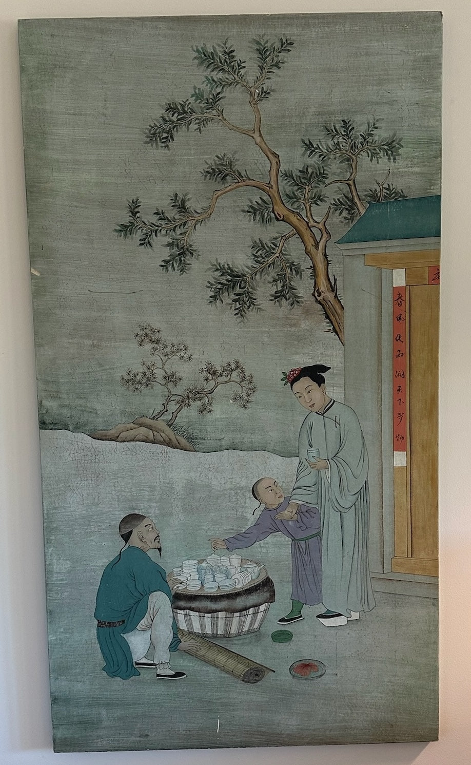 CHINESE FIGURAL PAINTED WALL-HANGING WOOD PANEL Art 32"x58"