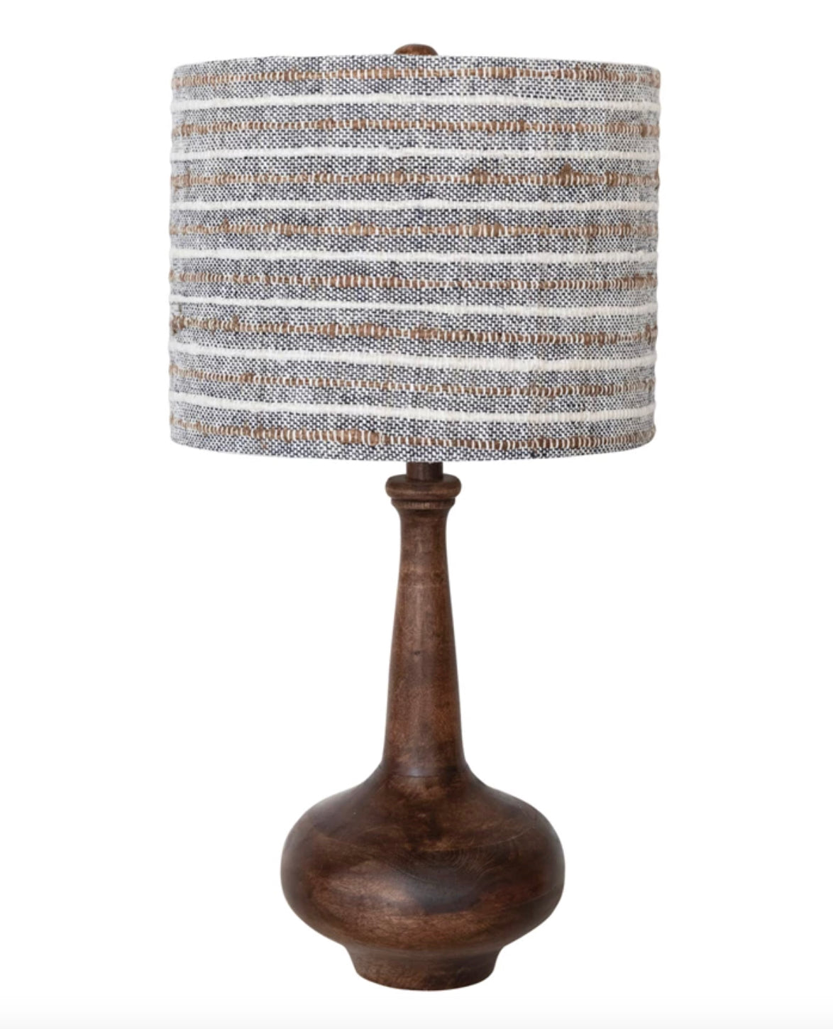 Mango Wood Table Lamp with Woven Cotton and Linen Striped Shade