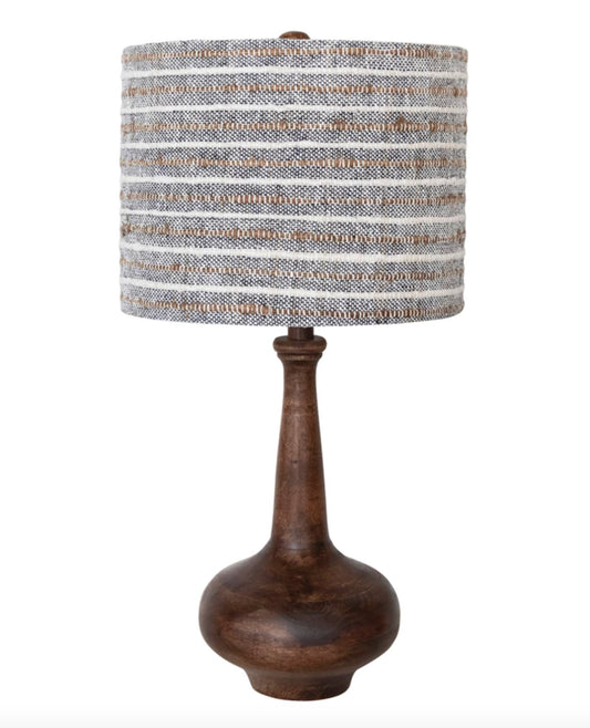 Mango Wood Table Lamp with Woven Cotton and Linen Striped Shade