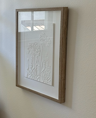 White Textural Floral Relief Framed in Glass