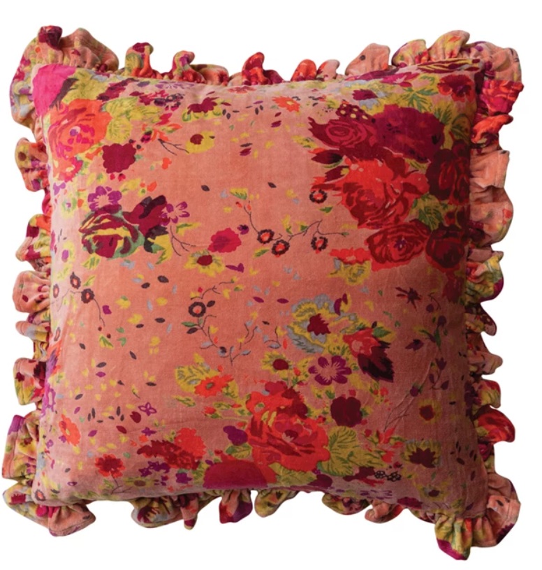 Floral 20" Square Cotton Velvet Printed Pillow -DF9247