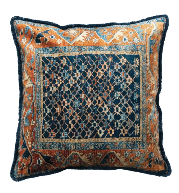 20" Square Velvet Printed Pillow w/ Vintage Carpet Pattern -DF9895