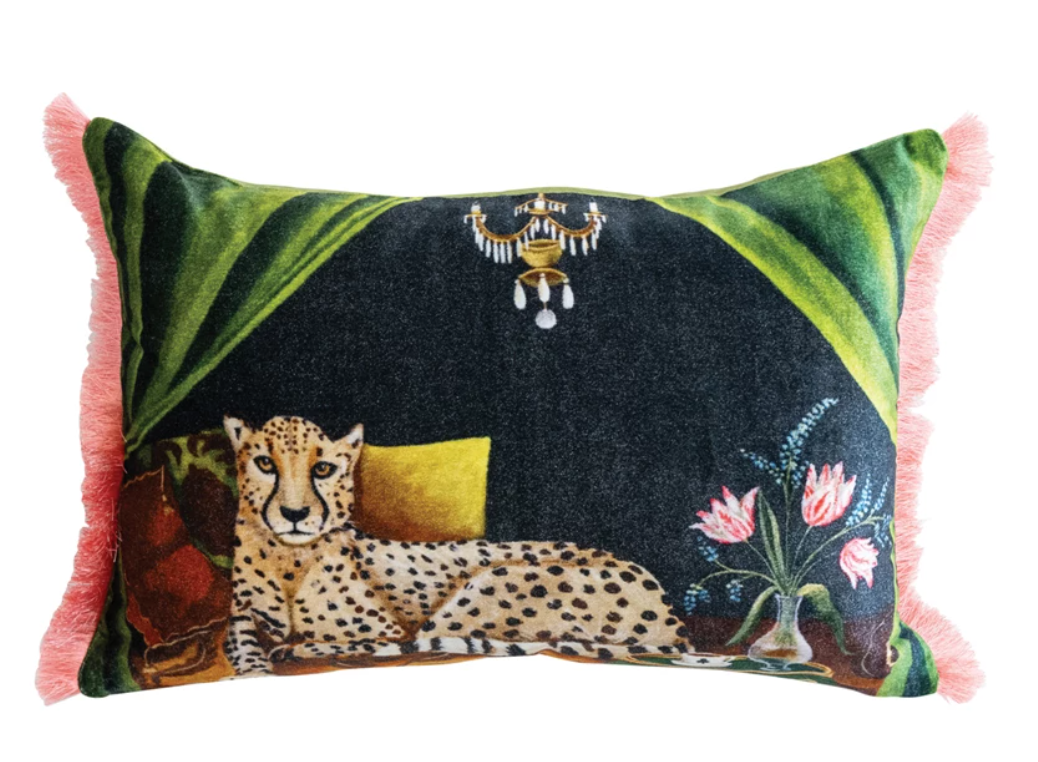 Cheetah Image Velvet Printed Lumbar Pillow with Eyelash Fringe - DG0350