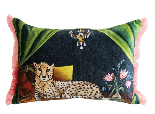Cheetah Image Velvet Printed Lumbar Pillow with Eyelash Fringe - DG0350