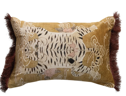 Tibetan Tiger & Fringe Velvet Printed Lumbar Pillow - DG1294