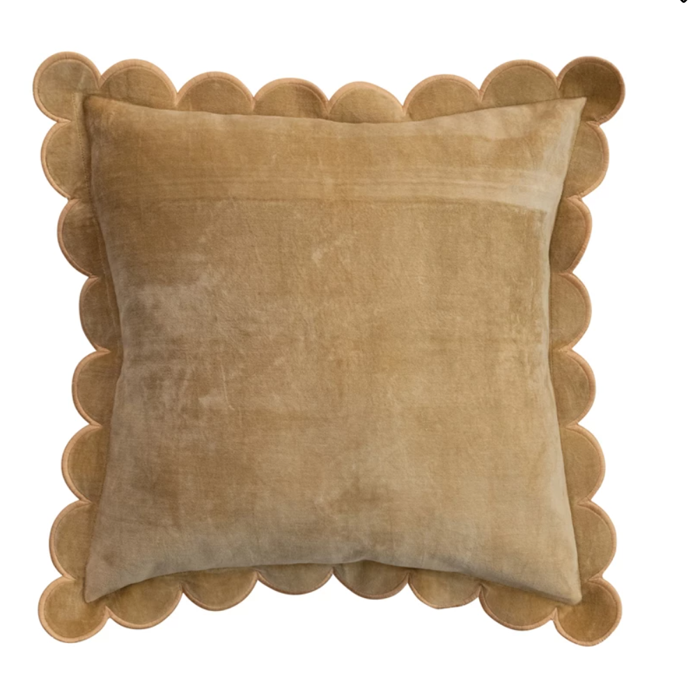 Mustard Velvet Pillow w/ Scalloped Flange & Embroidered Edge -DG1329
