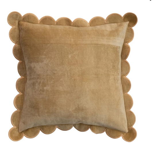 Mustard Velvet Pillow w/ Scalloped Flange & Embroidered Edge -DG1329