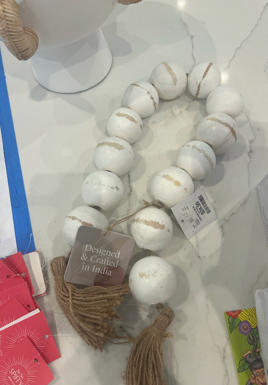 White Wooden Beads With Tassels
