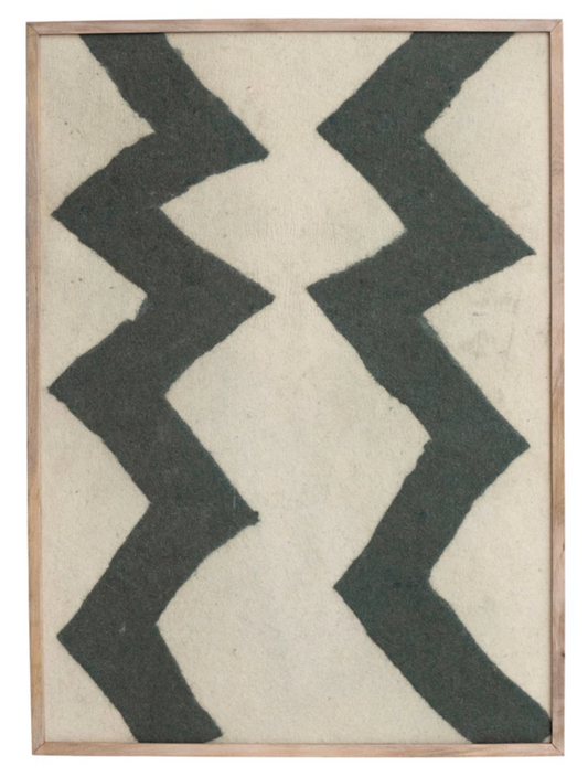 Mango Wood Framed Abstract Wool Textile, Black, White & Natural