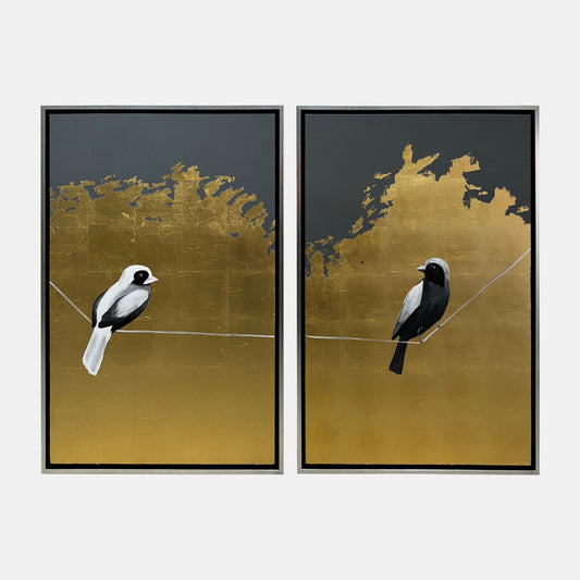 Set of 2 63x47 Hand Painted Birds On Wire, Gold