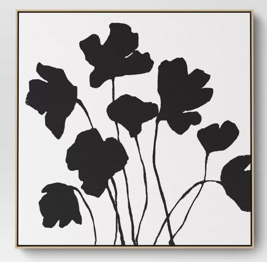 White and Black Floral Framed Canvas Art 24x24